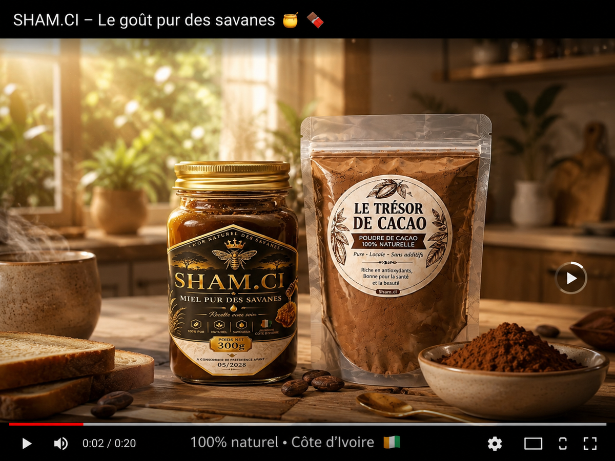 Poudre de cacao pur sans additif et le miel pur des savanes